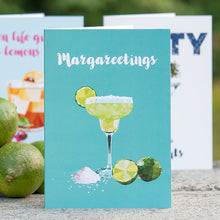 greeting card with margarita cocktail reading "margareetings"