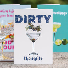 greeting card with dirty martini cocktail reading "dirty thoughts"